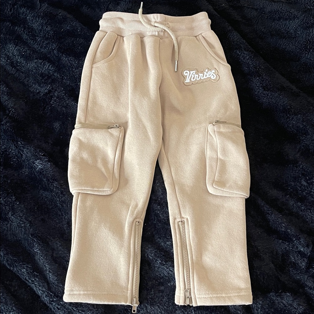 Kids Tan Joggers with (4 Pockets/2 Zip Up) Drawstring Waist Ankle/Zip Worn 1X